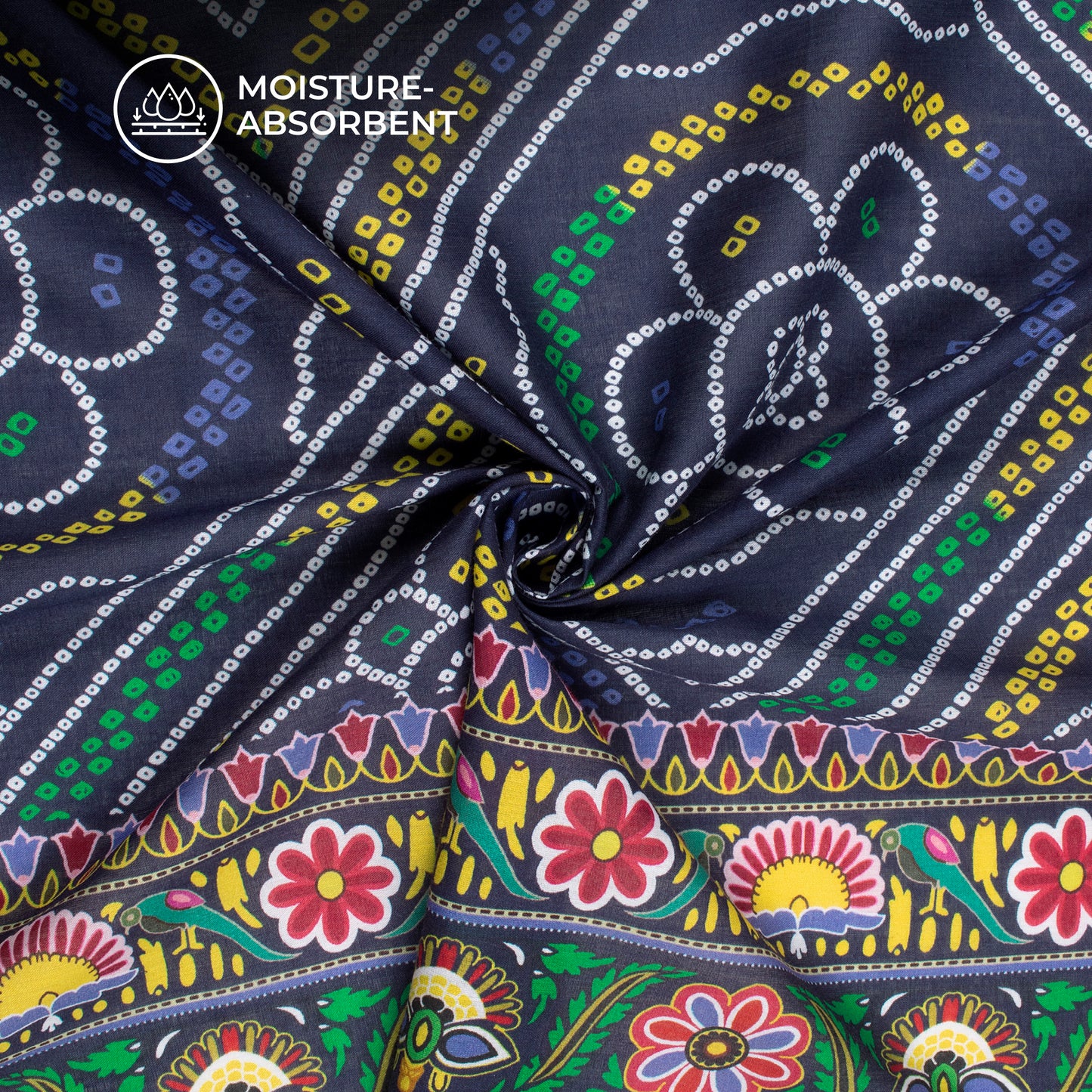 Navy Blue Bandhani Digital Print Cotton Mulmul Fabric