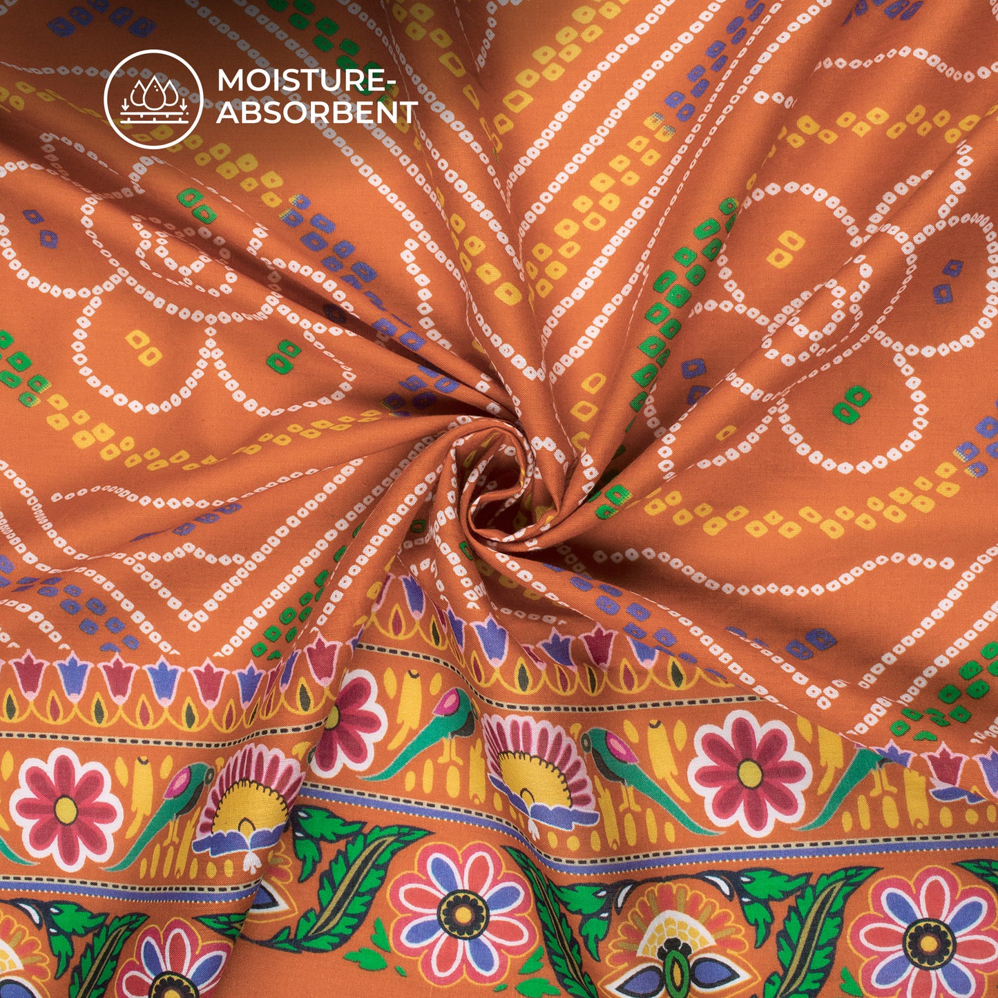 Tangerine Orange Bandhani Digital Print Cotton Mulmul Fabric