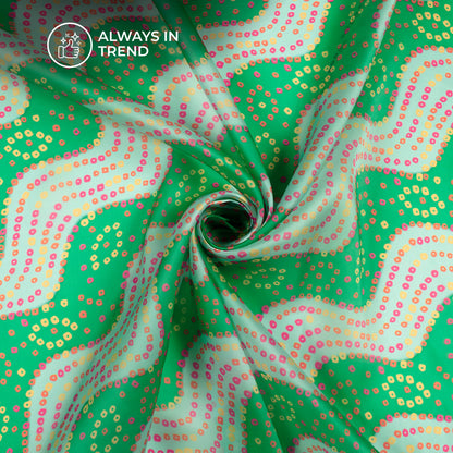 Forest Green Bandhani,Leheriya Digital Print Organza Satin Fabric