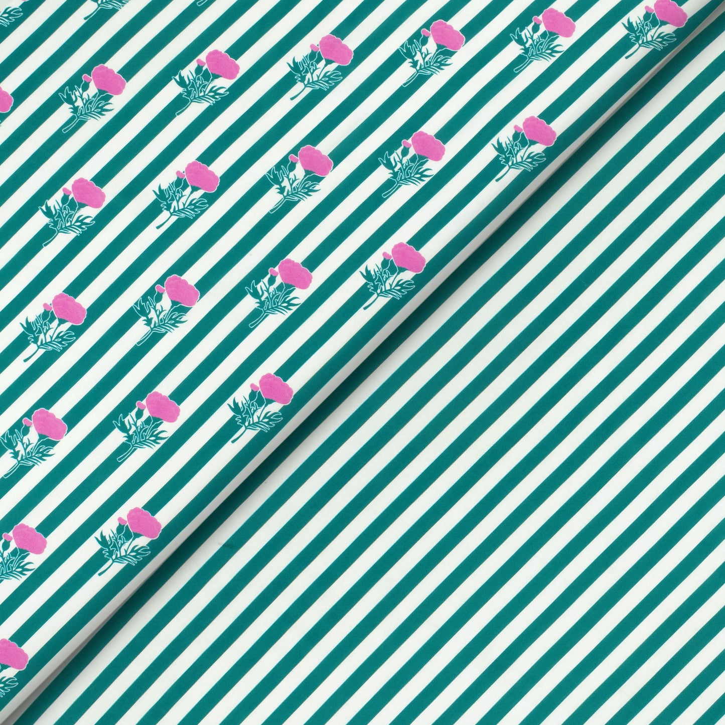Pine Green Floral,Stripes Digital Print Muslin Fabric