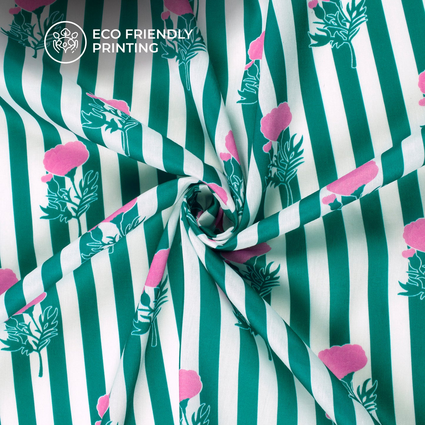 Pine Green Floral,Stripes Digital Print Muslin Fabric