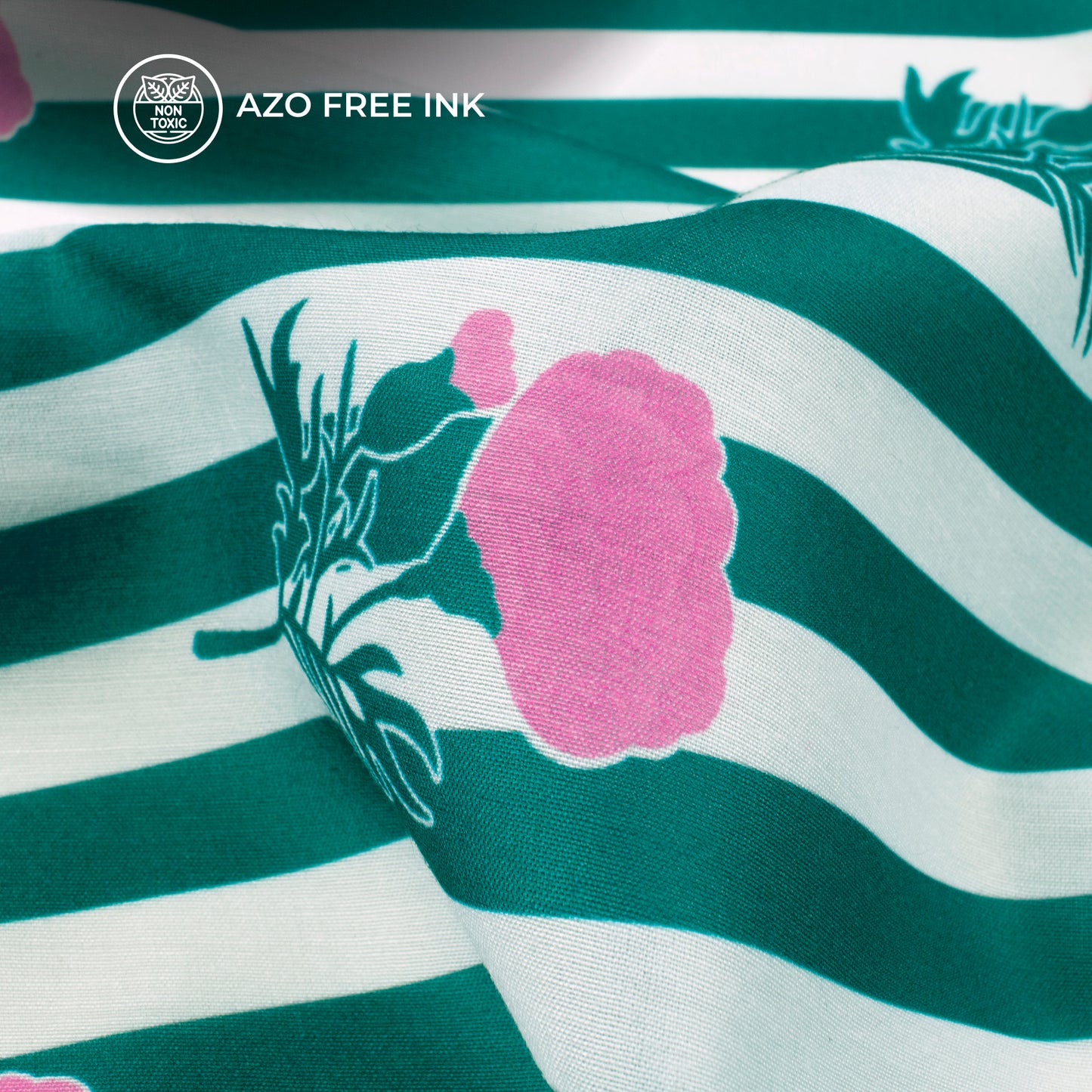 Pine Green Floral,Stripes Digital Print Muslin Fabric