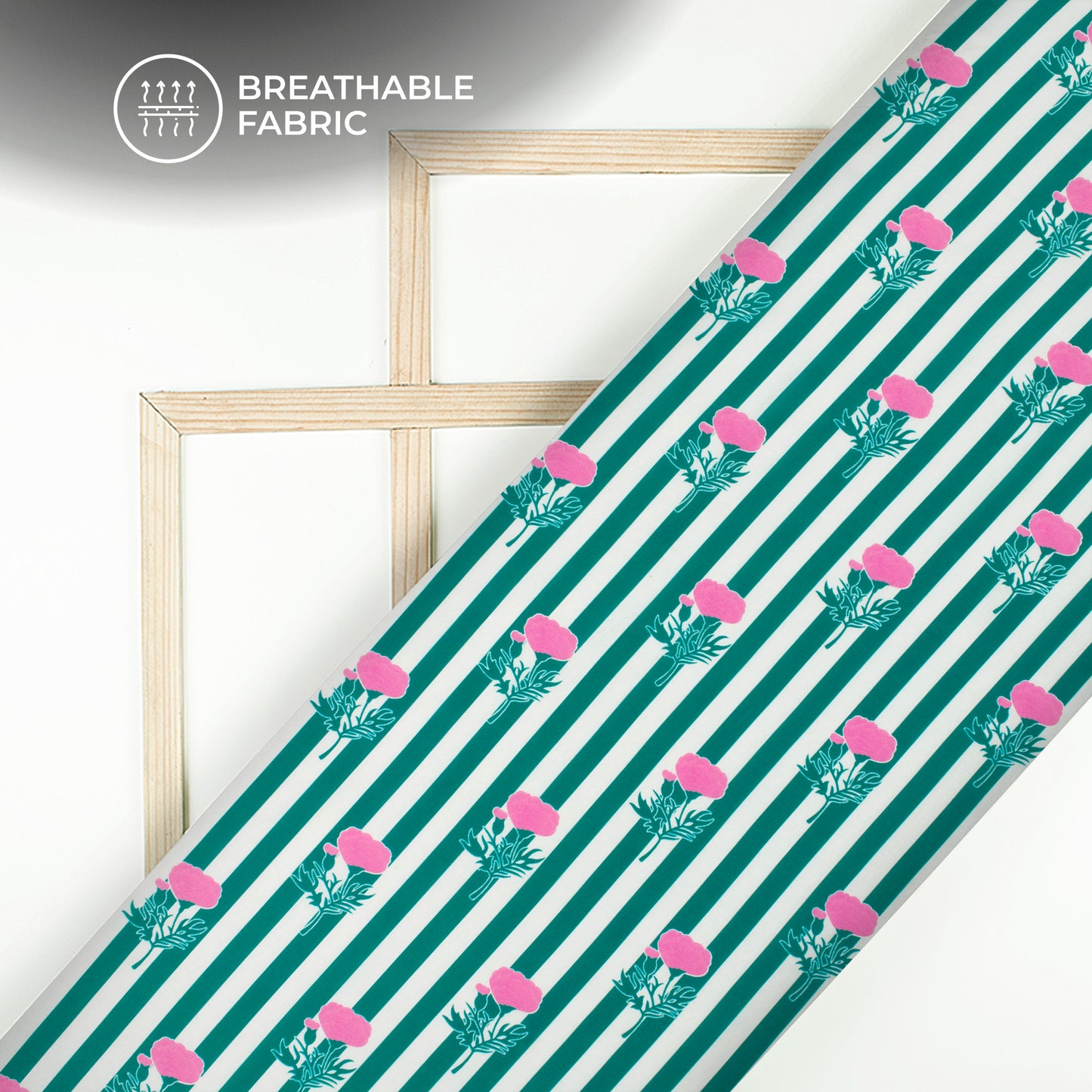 Pine Green Floral,Stripes Digital Print Muslin Fabric