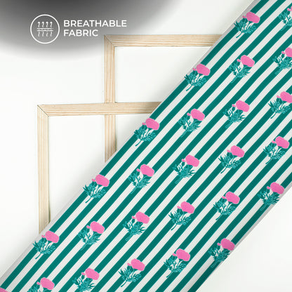 Pine Green Floral,Stripes Digital Print Muslin Fabric