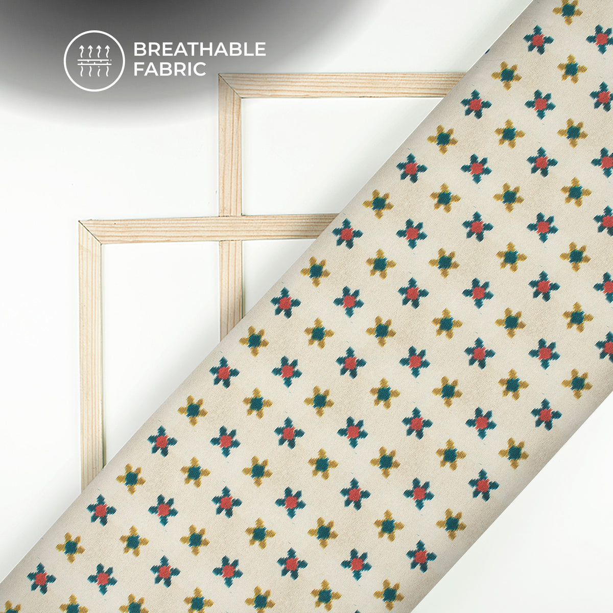 Cream Ikkat Digital Print Muslin Fabric