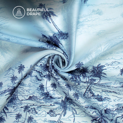 Baby Blue Tropical Digital Print Imported Satin Fabric