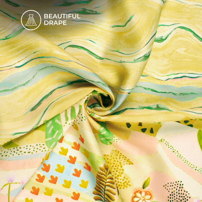 Yellow Abstract,Floral Digital Print Imported Satin Fabric