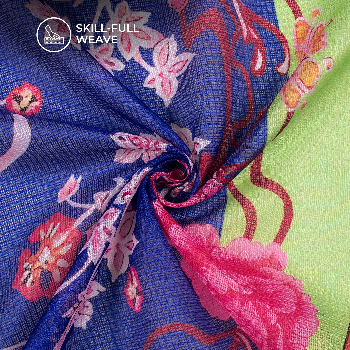 Royal Blue Floral Digital Print Kota Doria Fabric for Instagram Ready Looks
