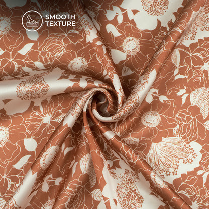 Burnt Umber Brown Floral Digital Print Georgette Satin Fabric