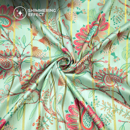Pistachio Green Floral Digital Print Golden Lurex Satin Fabric