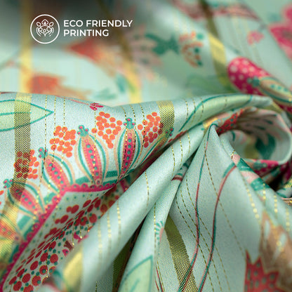 Pistachio Green Floral Digital Print Golden Lurex Satin Fabric