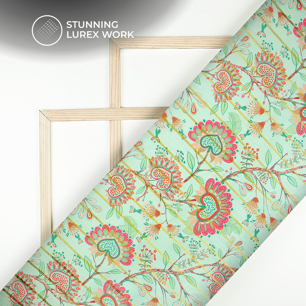 Pistachio Green Floral Digital Print Golden Lurex Satin Fabric