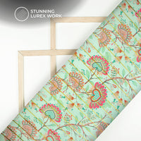 Pistachio Green Floral Digital Print Golden Lurex Satin Fabric