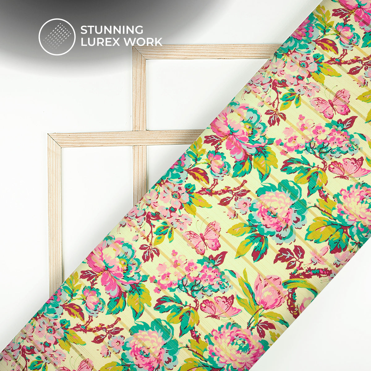 Fuscia Pink Floral Digital Print Golden Lurex Satin Fabric