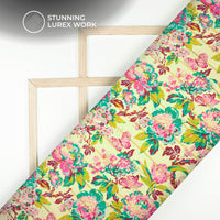 Fuscia Pink Floral Digital Print Golden Lurex Satin Fabric