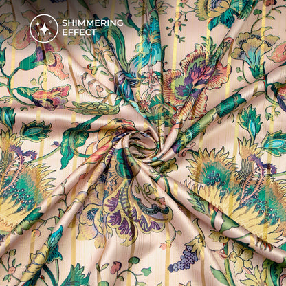 Plum Purple Floral Digital Print Golden Lurex Satin Fabric