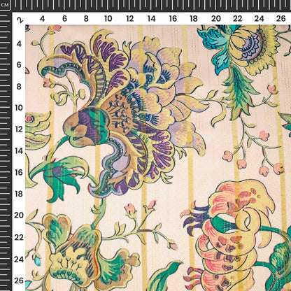 Plum Purple Floral Digital Print Golden Lurex Satin Fabric