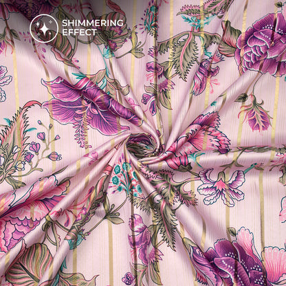 Fuscia Pink Floral Digital Print Golden Lurex Satin Fabric