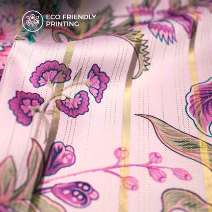 Fuscia Pink Floral Digital Print Golden Lurex Satin Fabric