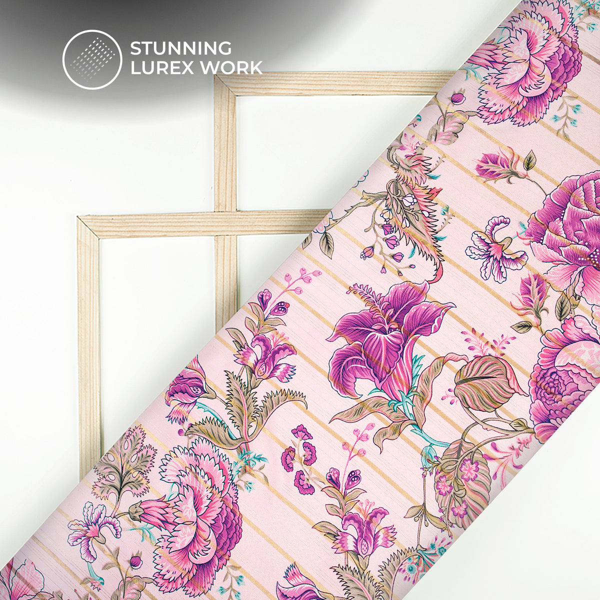 Fuscia Pink Floral Digital Print Golden Lurex Satin Fabric