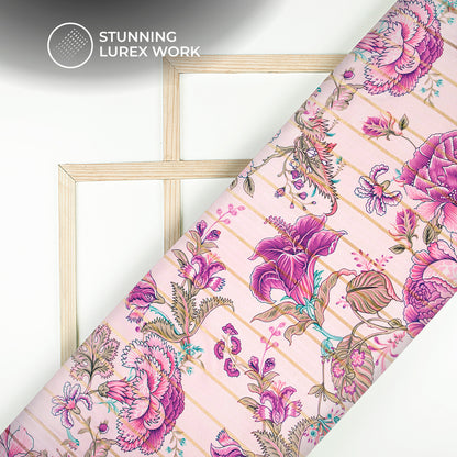 Fuscia Pink Floral Digital Print Golden Lurex Satin Fabric