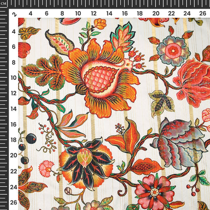 Cherry Red Floral Digital Print Golden Lurex Satin Fabric