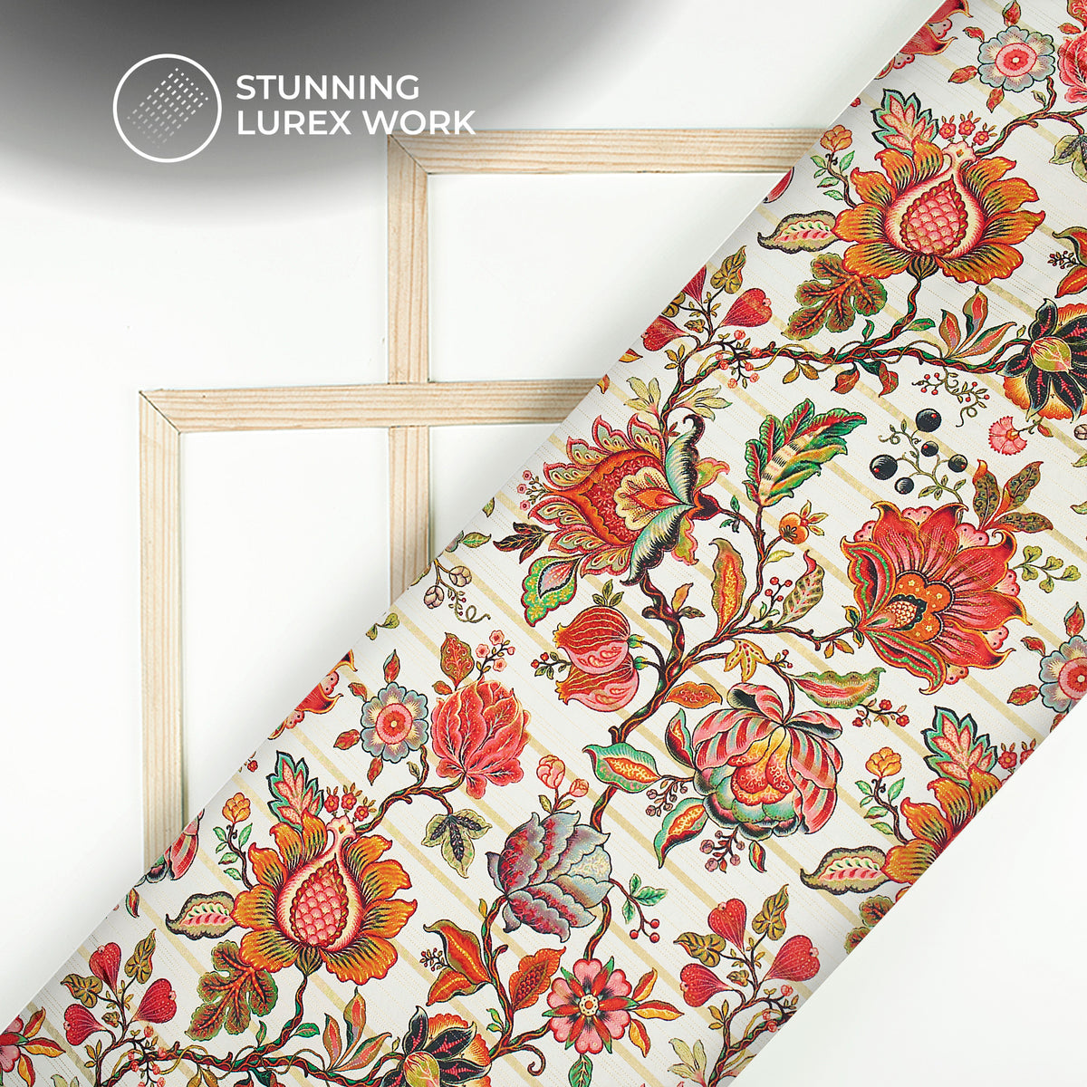 Cherry Red Floral Digital Print Golden Lurex Satin Fabric