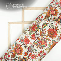 Cherry Red Floral Digital Print Golden Lurex Satin Fabric