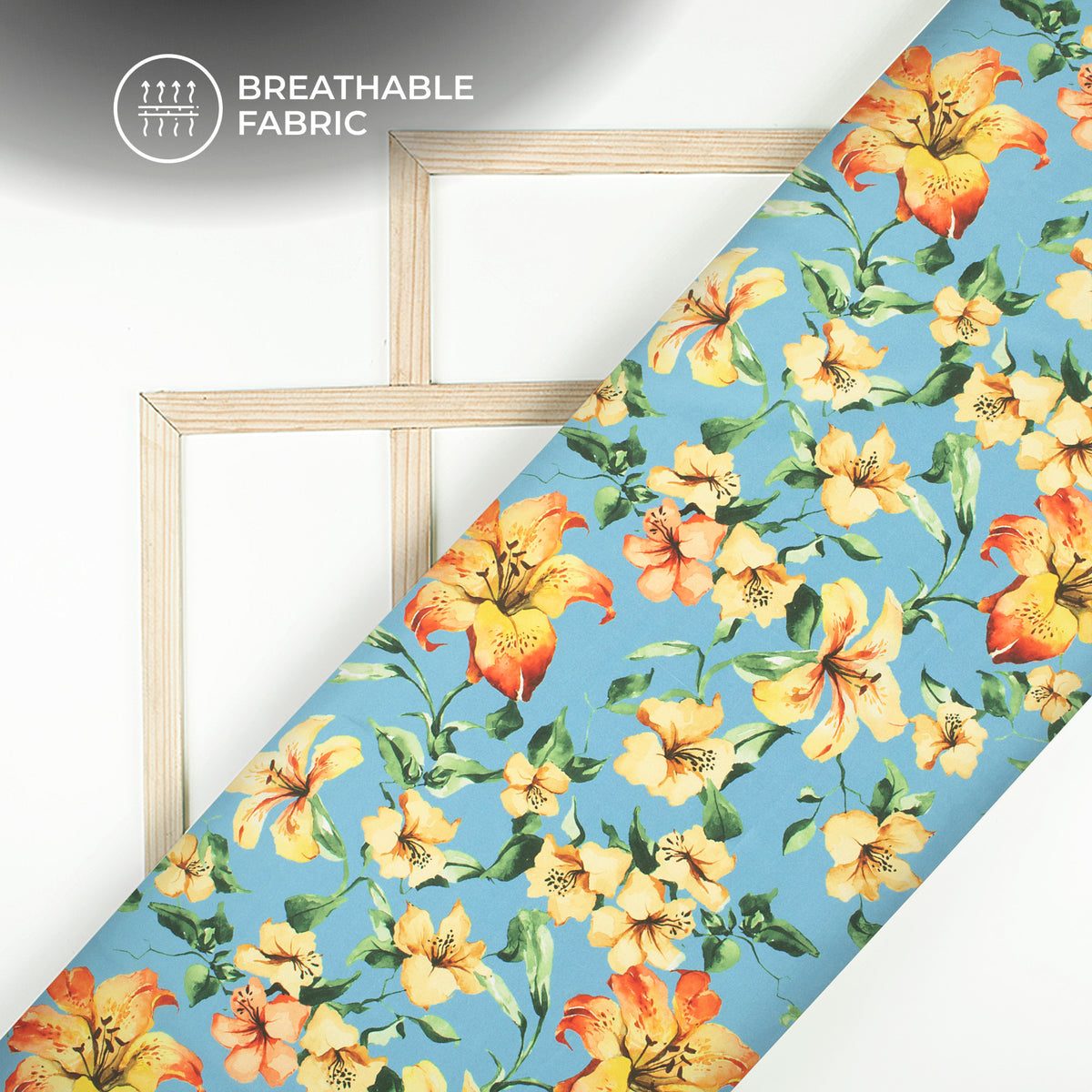 Baby Blue Floral Digital Print Crepe Silk Fabric