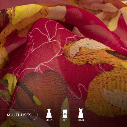 Maroon Abstract Style Floral Digital Print Pure Organaza Fabric