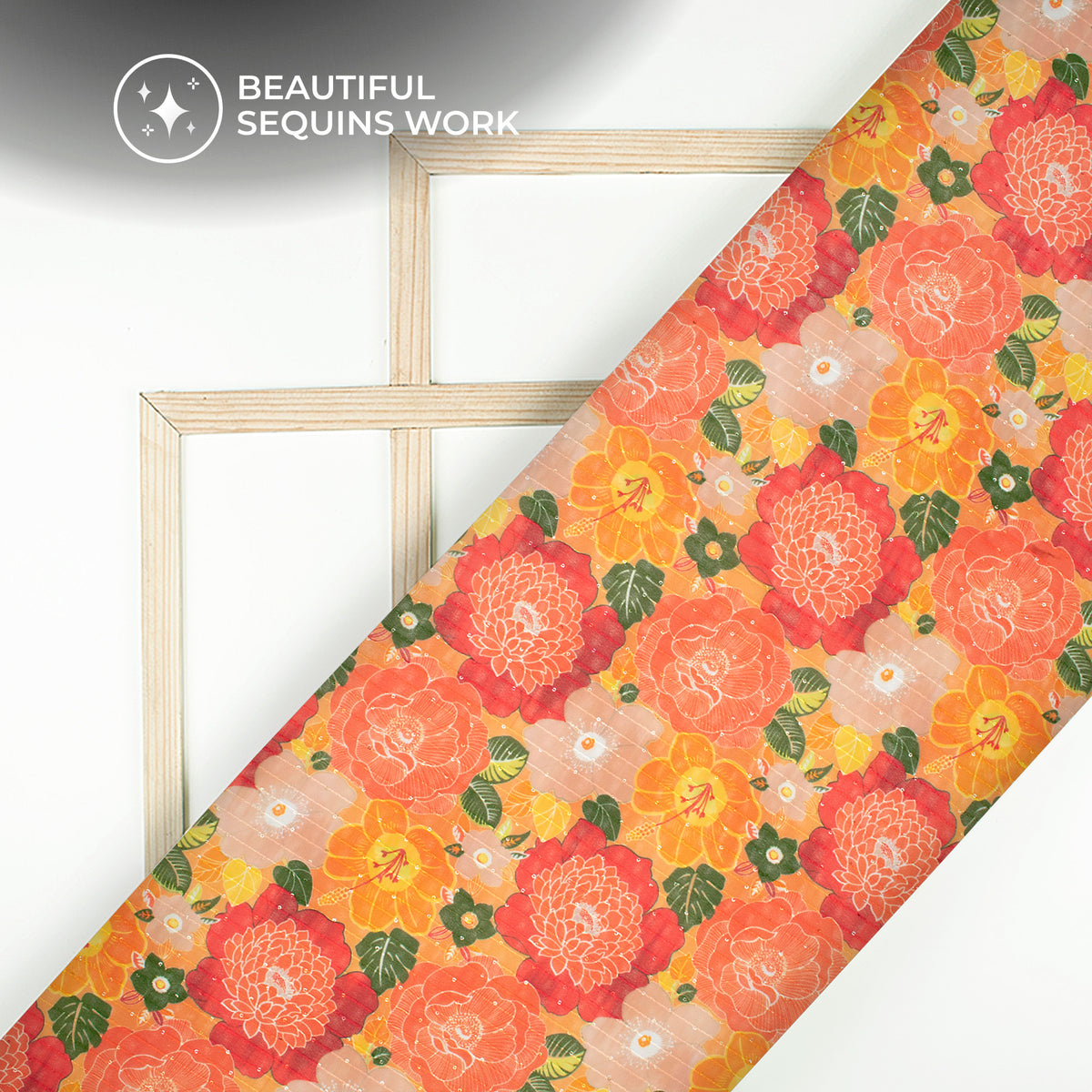 Cherry Red Floral Digital Print Sequins Georgette Fabric