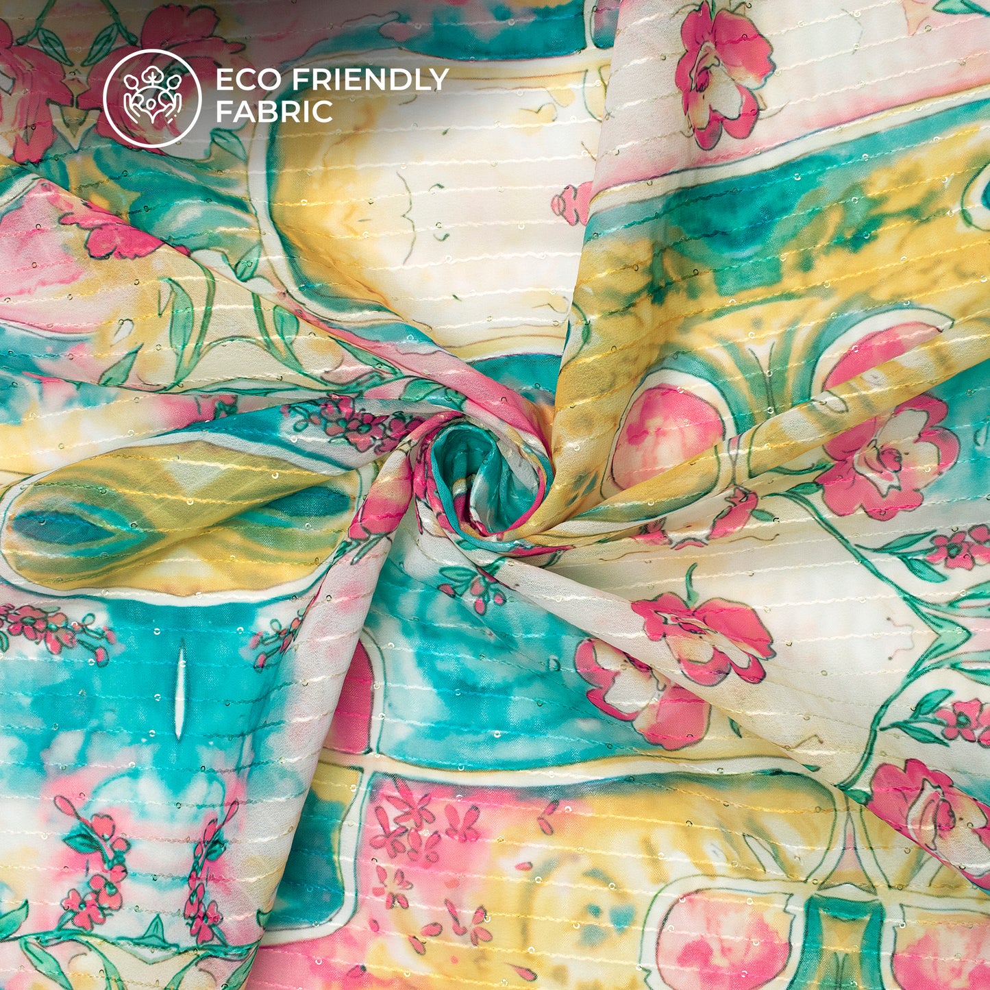 Multi Color Floral Digital Print Sequins Georgette Fabric