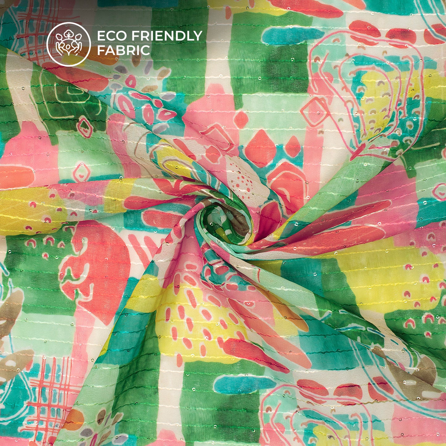 Multi Color Abstract,Floral Digital Print Sequins Georgette Fabric