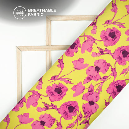 Rose Pink Floral Digital Print Muslin Fabric