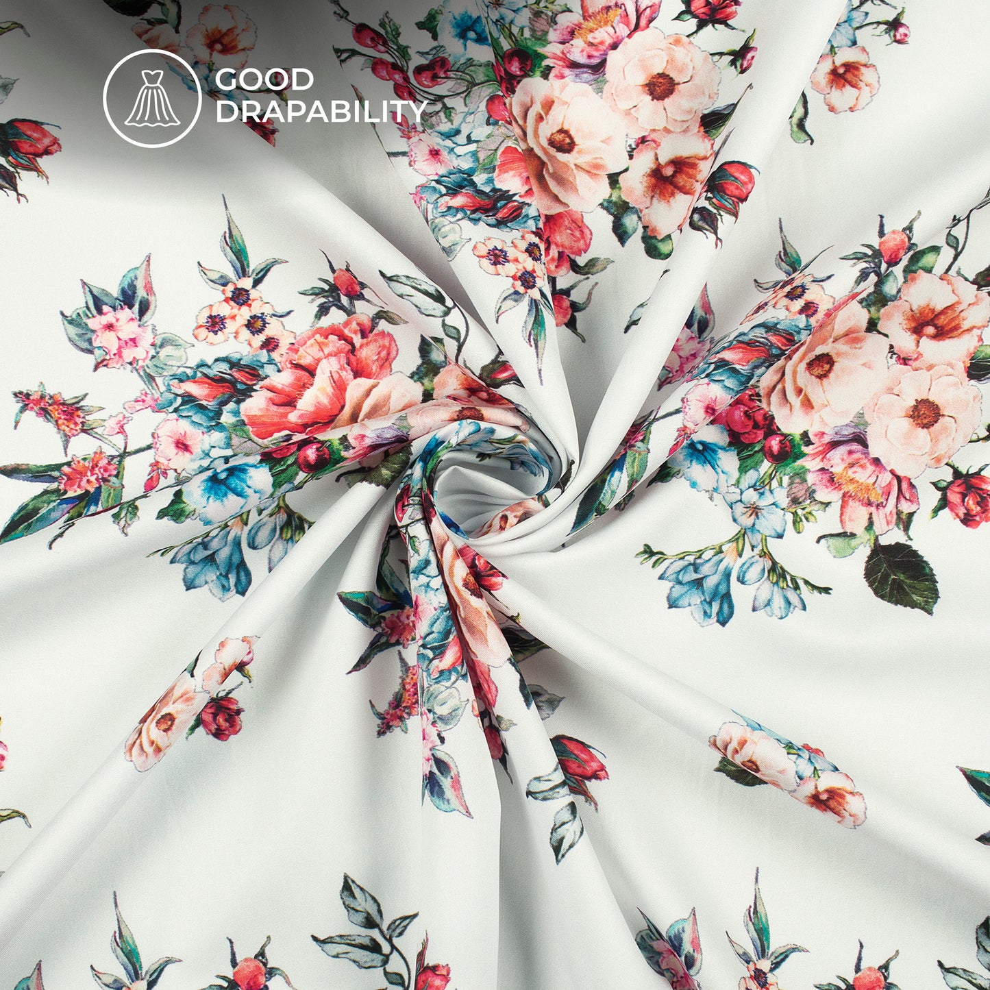 White Floral Digital Print Butter Crepe Fabric
