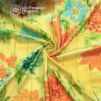 Banana Yellow Floral Digital Print Golden Lurex Satin Fabric