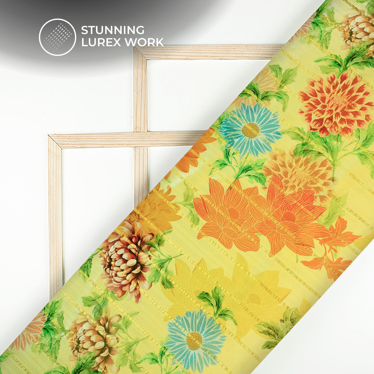 Banana Yellow Floral Digital Print Golden Lurex Satin Fabric