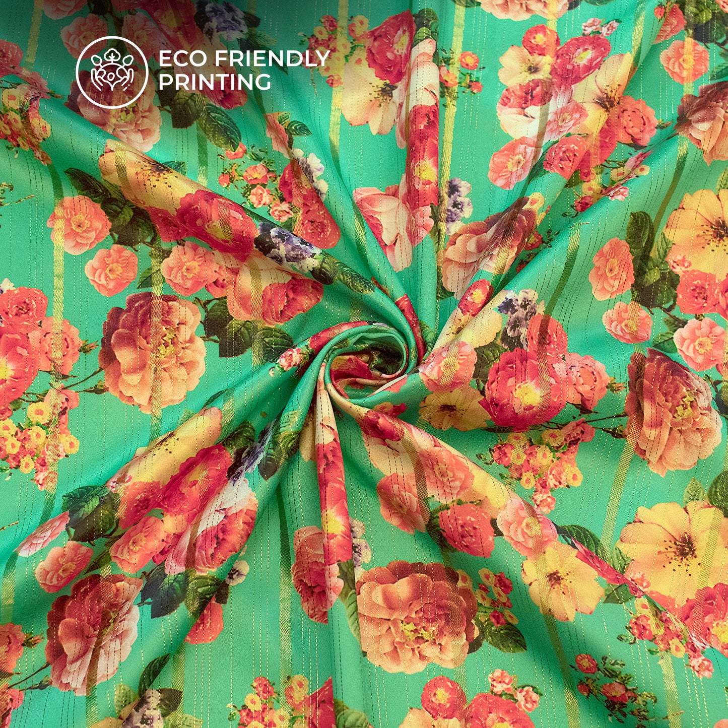 Light Green Floral Digital Print Golden Lurex Satin Fabric