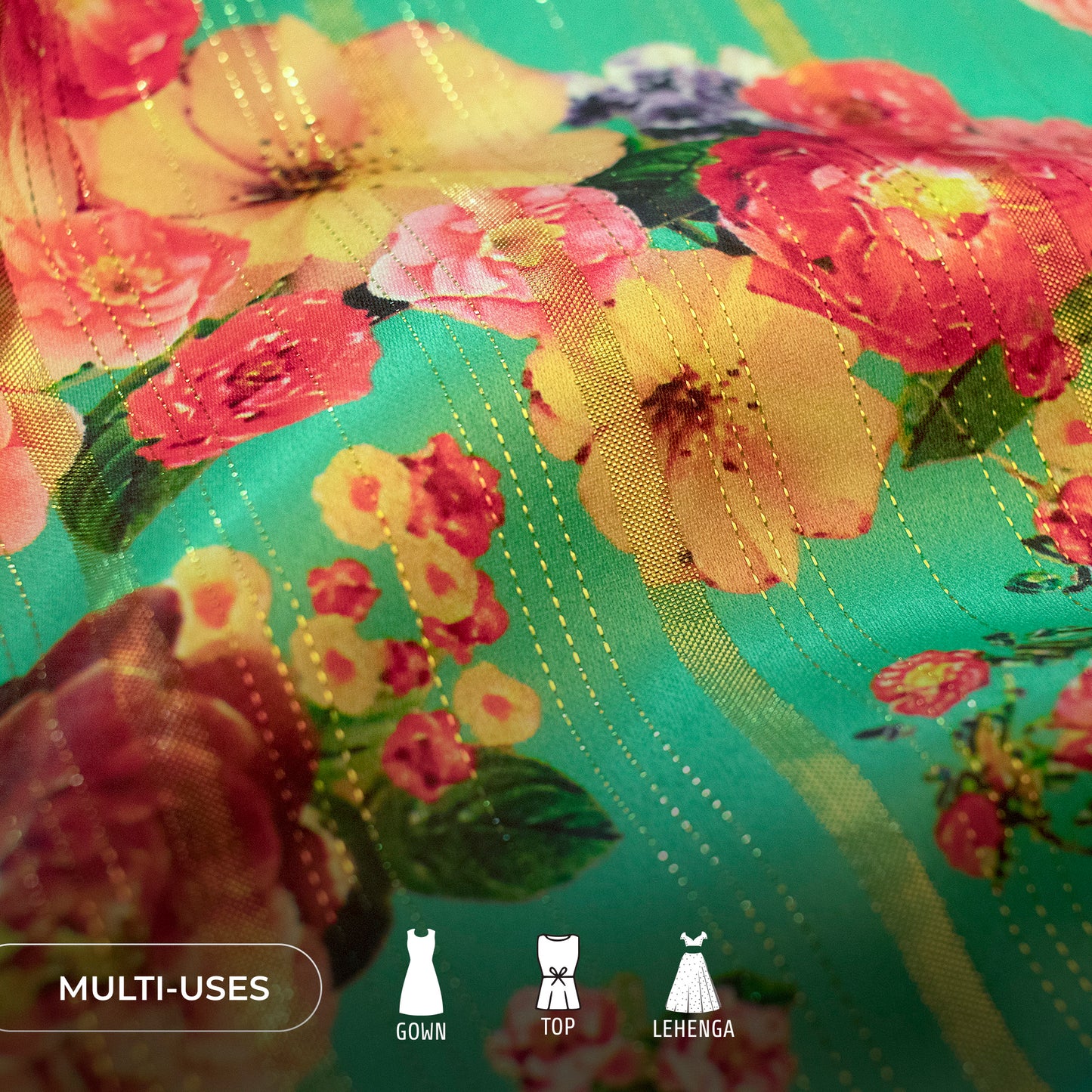 Light Green Floral Digital Print Golden Lurex Satin Fabric
