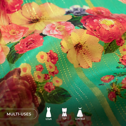 Light Green Floral Digital Print Golden Lurex Satin Fabric