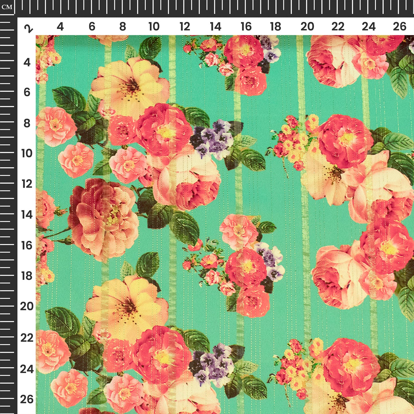Light Green Floral Digital Print Golden Lurex Satin Fabric