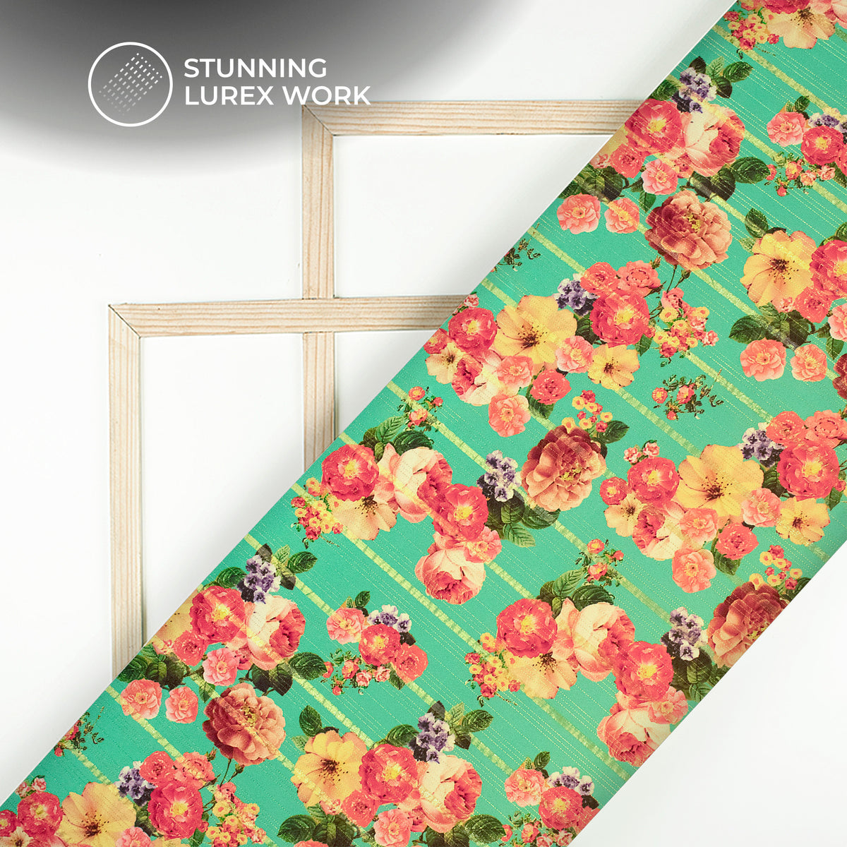 Light Green Floral Digital Print Golden Lurex Satin Fabric