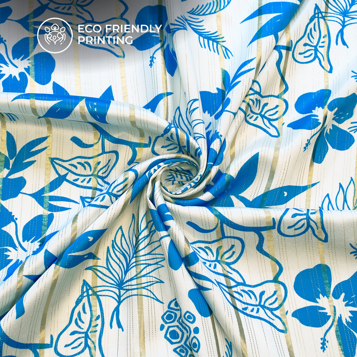 White Floral Digital Print Golden Lurex Satin Fabric