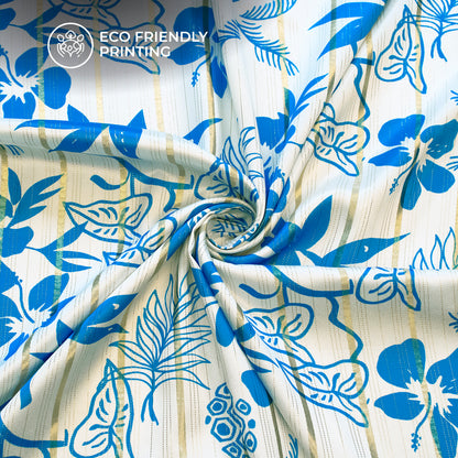 White Floral Digital Print Golden Lurex Satin Fabric