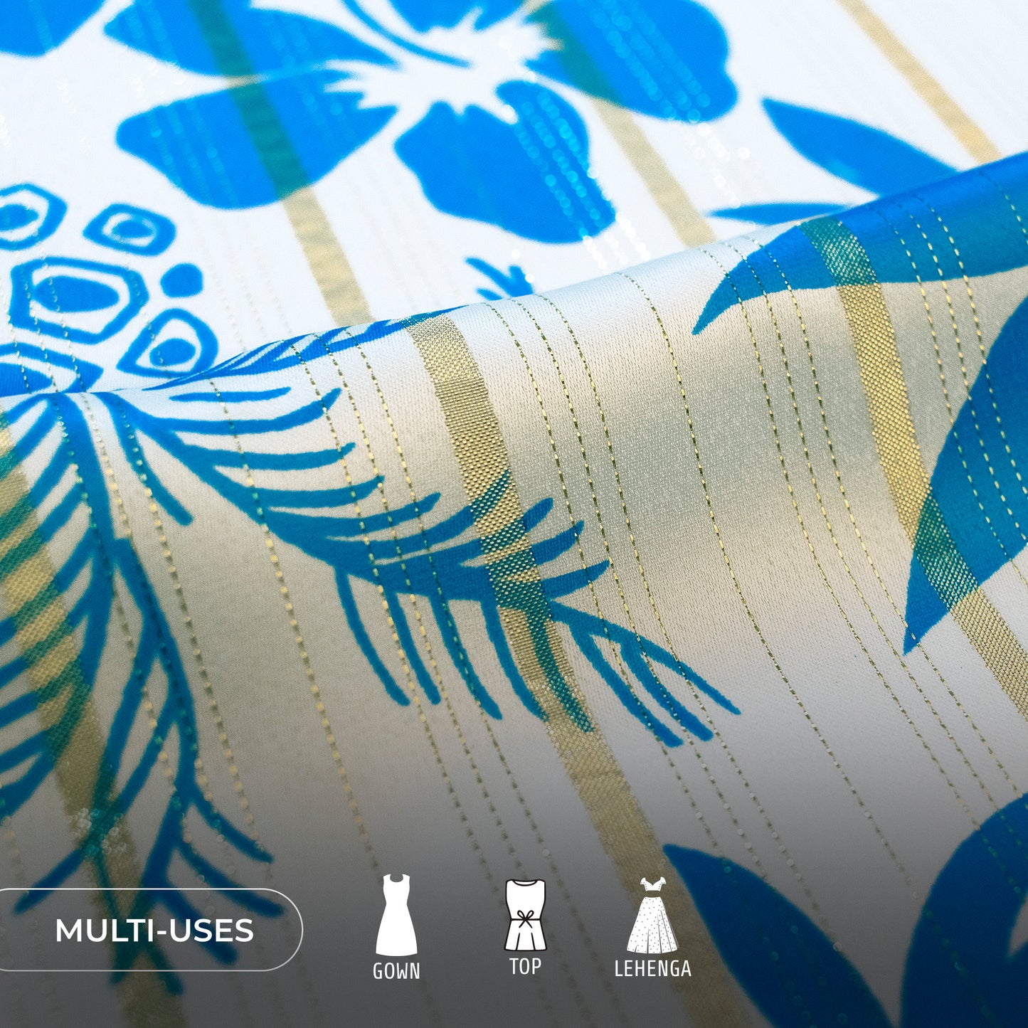 White Floral Digital Print Golden Lurex Satin Fabric
