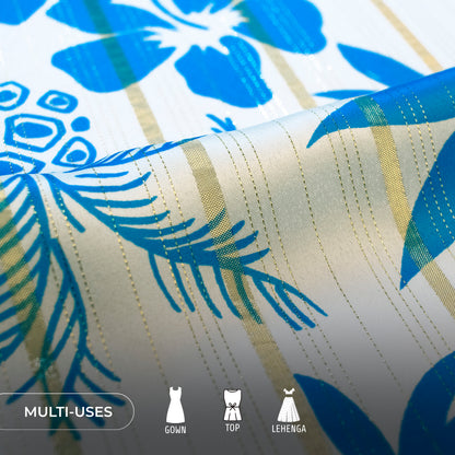 White Floral Digital Print Golden Lurex Satin Fabric