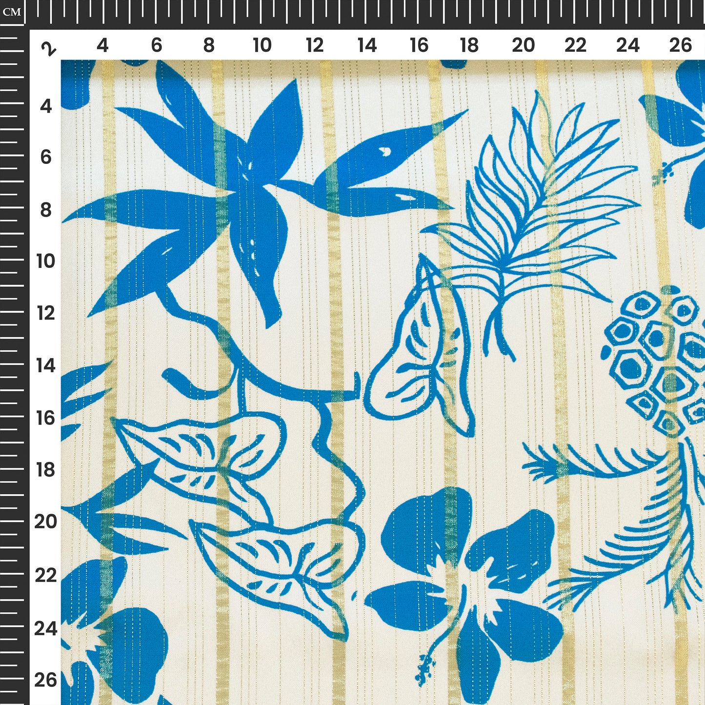 White Floral Digital Print Golden Lurex Satin Fabric