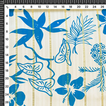 White Floral Digital Print Golden Lurex Satin Fabric