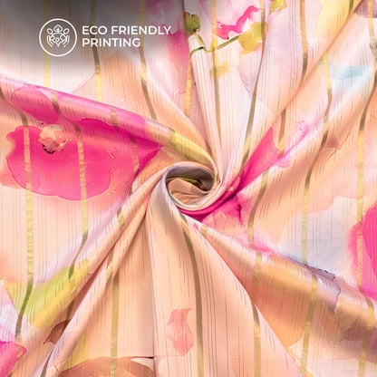 Peach Pink Floral Digital Print Golden Lurex Satin Fabric