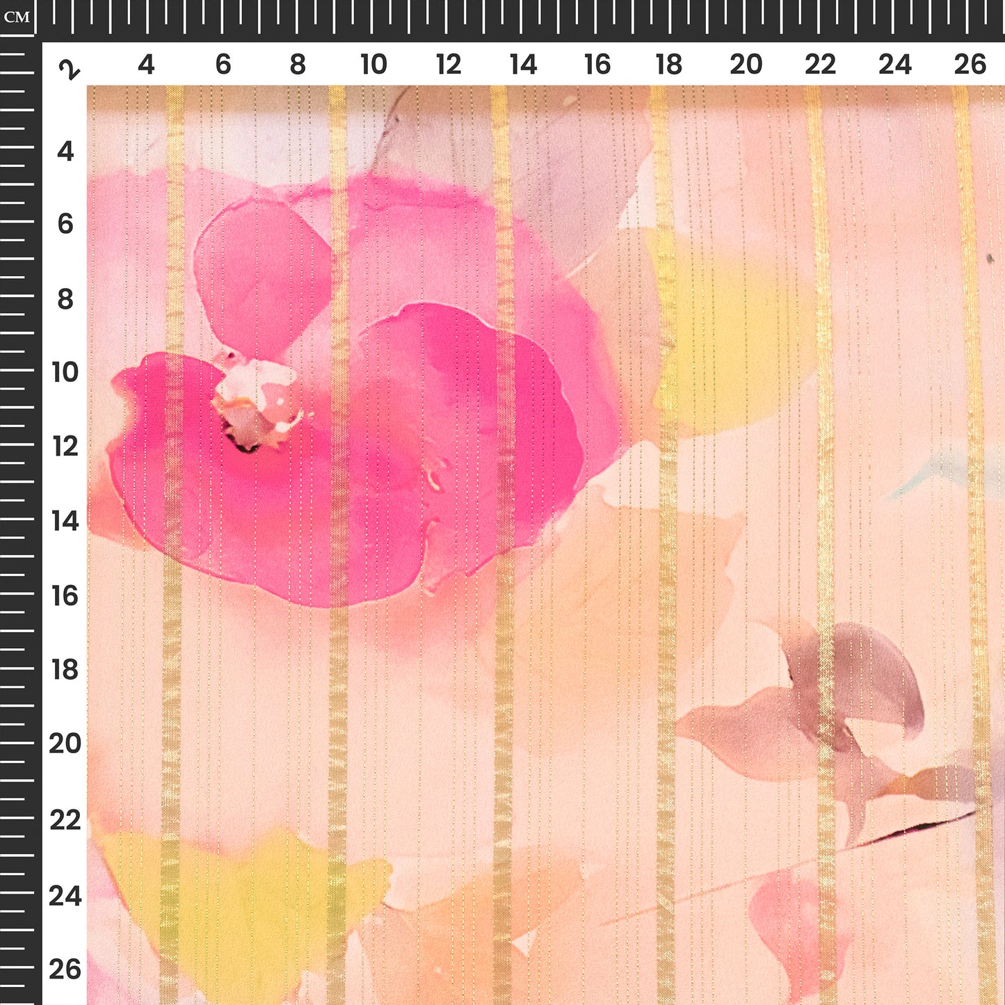 Peach Pink Floral Digital Print Golden Lurex Satin Fabric
